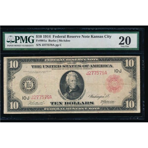 1914 $10 Red Seal Kansas City Federal Reserve Note PMG 20