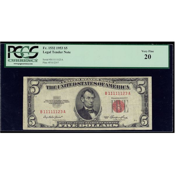 1953 $5 Fancy Serial Legal Tender PCGS 20