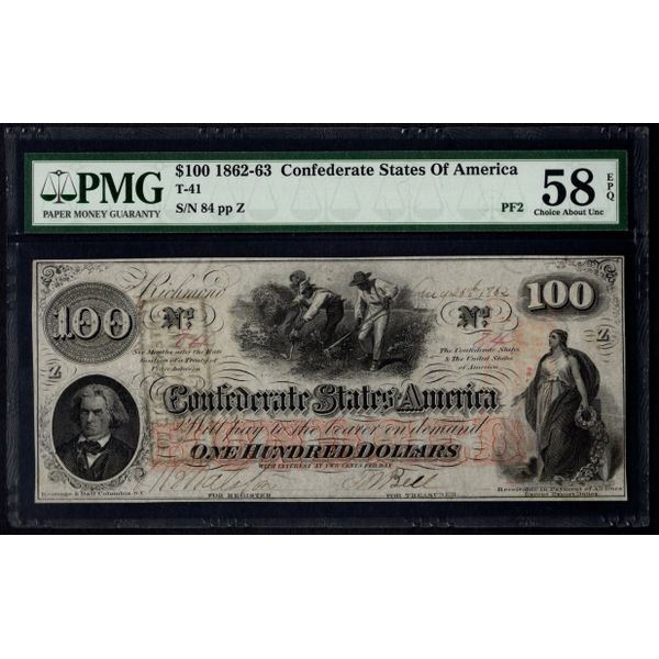 1862-63 $100 T-41 Low Serial Confederate PMG 58EPQ