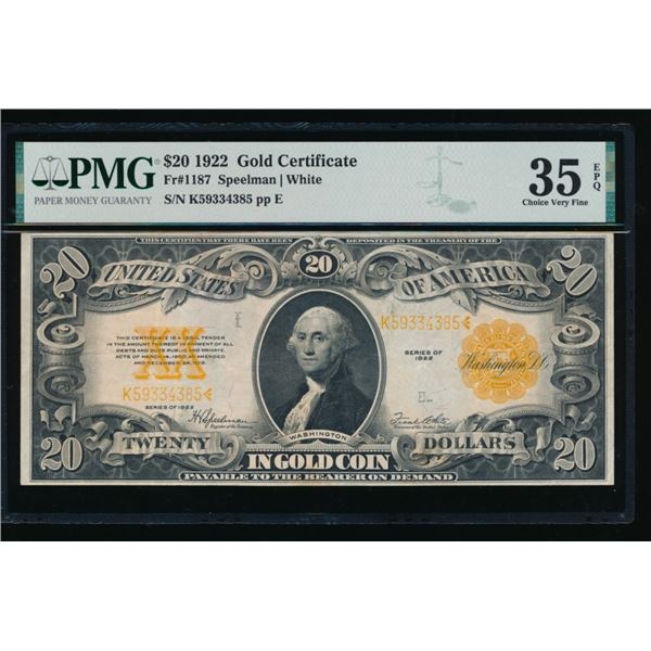 1922 $20 Gold Certificate PMG 35EPQ