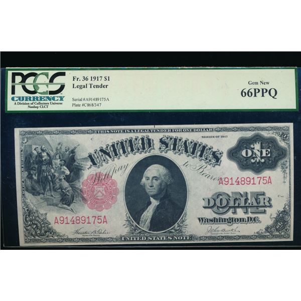 1917 $1 Legal Tender Note PCGS 66PPQ