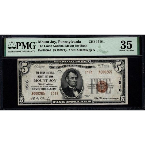 1929 $5 Mount Joy PA National PMG 35