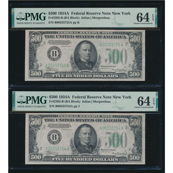 1934A $500 New York Consecutive FRN's PMG 64EPQ