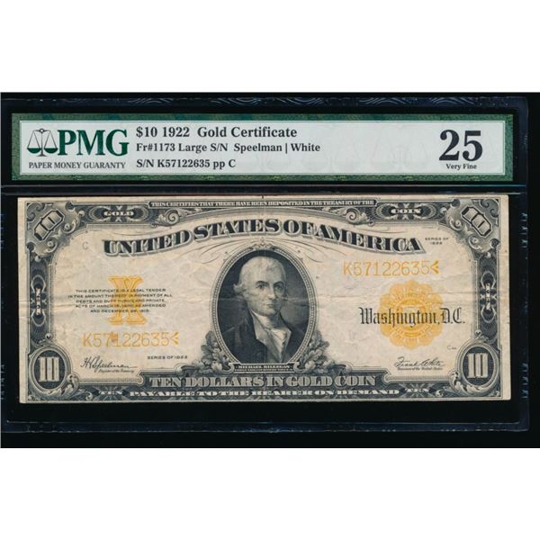 1922 $10 Gold Certificate PMG 25