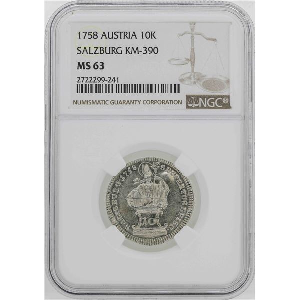 1758 Austria Salzburg 10 Kreuzer Coin NGC MS63