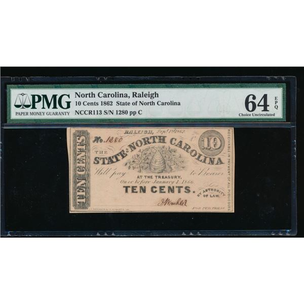 10 Cent 1862 Raleigh NC Obsolete Note PMG 64EPQ