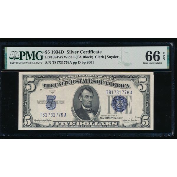 1934D $5 Silver Certificate PMG 66EPQ