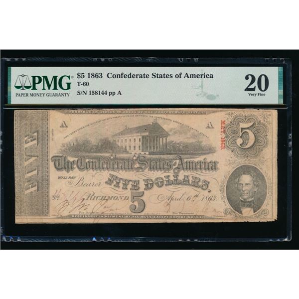 1863 $5 T-60 Confederate PMG 20