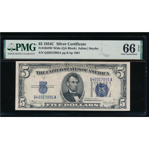 1934C $5 Silver Certificate PMG 66EPQ