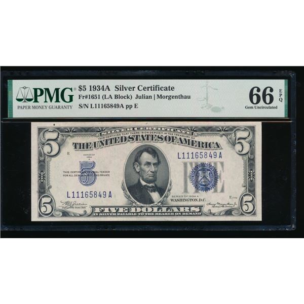 1934A $5 Silver Certificate PMG 66EPQ