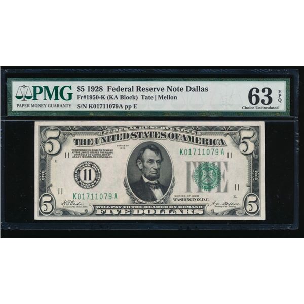 1928 $5 Dallas FRN PMG 63EPQ