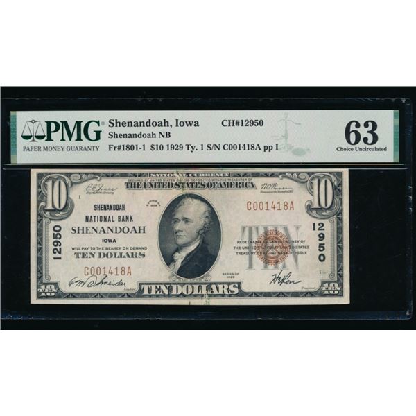 1929 $10 Shenandoah IA National PMG 63