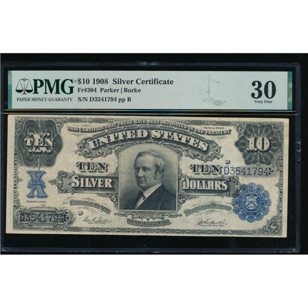 1908 $10 Tombstone Silver Certificate PMG 30