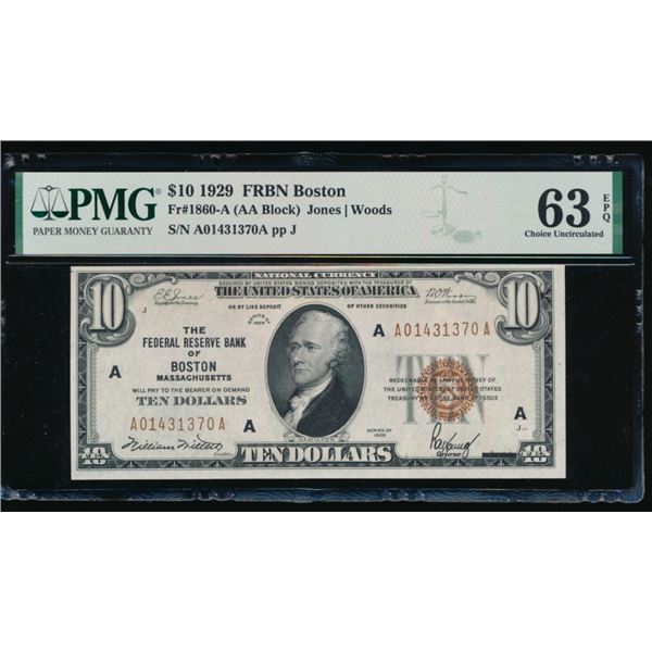 1929 $10 Boston FRBN PMG 63EPQ