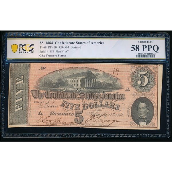 1864 $5 T-69 Confederate PCGS 58PPQ