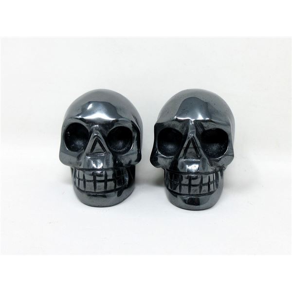 2 Carved Hematite Gemstone Skulls in Fitted Boxes