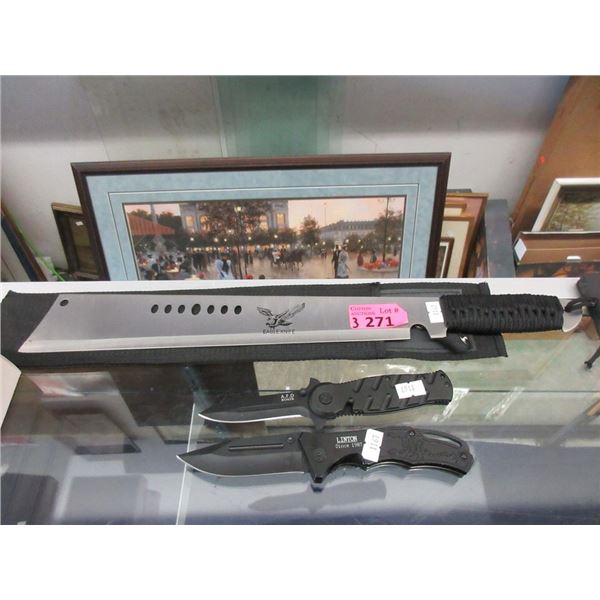 New Machete & 2 Folding Knives with 3" Blades