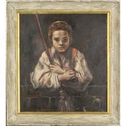 Girl with a Broom-  Oil on Panel #2122557