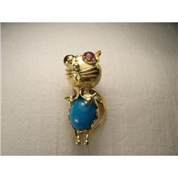 18K YG Cat Garnet Turquoise Handmade Brooch #2123107