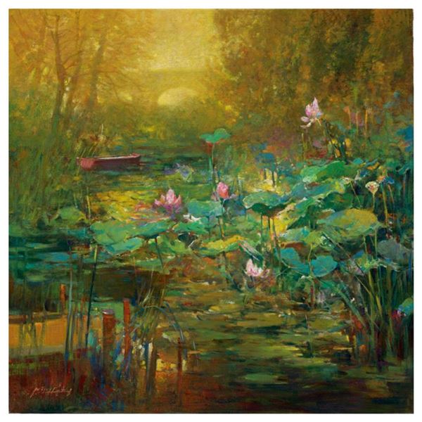 Ming Feng, "Golden Lily Pads" Hand Embellished Limited Edition on Canvas, Numbered and Hand Signed w