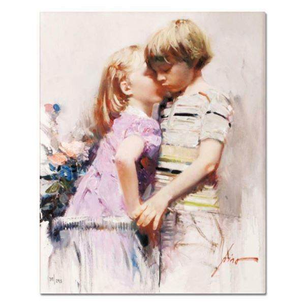 Pino (1939-2010), "The Kiss" Artist Embellished Limited Edition on Canvas, Numbered and Hand Signed 
