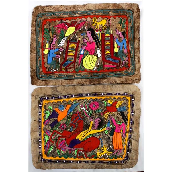 2 Vintage Mexican Bark Paintings