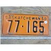 Image 1 : One - 1950 Saskatchewan Licence Plate - #77-165 (Heavy Metal) Very Good Shape