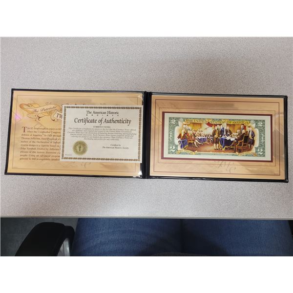 Colorized American Two Dollar Bill with Cert. of Authenticity
