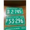 Image 2 : 3 - 1969 Saskatchewan license plates - farm plate, school bus plate,  and car
