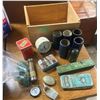 Image 1 : wooden crate of collectibles, marbles, tins, cylinder records, lock etc