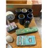 Image 2 : wooden crate of collectibles, marbles, tins, cylinder records, lock etc