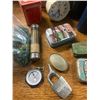 Image 3 : wooden crate of collectibles, marbles, tins, cylinder records, lock etc