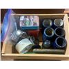 Image 5 : wooden crate of collectibles, marbles, tins, cylinder records, lock etc