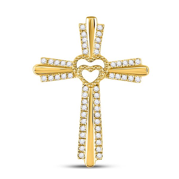Round Diamond Heart Cross Pendant 1/4 Cttw 10KT Yellow Gold