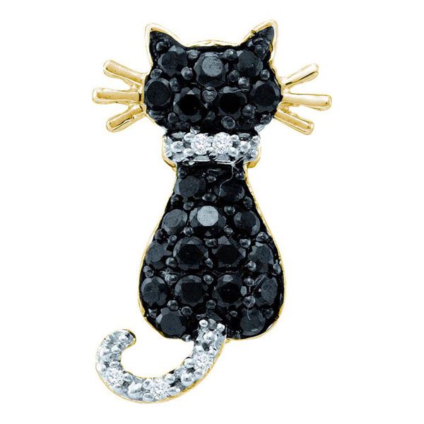 Round Black Color Enhanced Diamond Kitty Cat Feline Pendant 1/3 Cttw 14KT Yellow Gold
