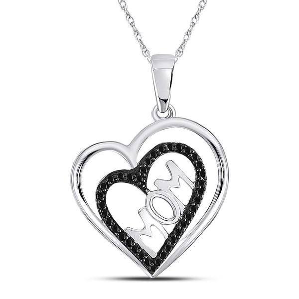 Round Black Color Enhanced Diamond Mom Mother Heart Pendant 1/8 Cttw 10KT White Gold