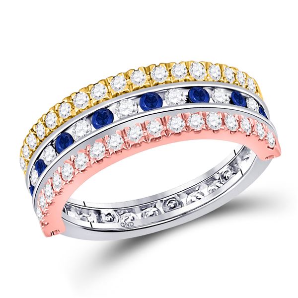 Round Blue Sapphire Convertible Band Ring 1-1/4 Cttw 10KT Tri-Tone Gold