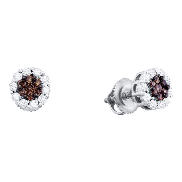 Round Brown Diamond Cluster Earrings 1 Cttw 14KT White Gold