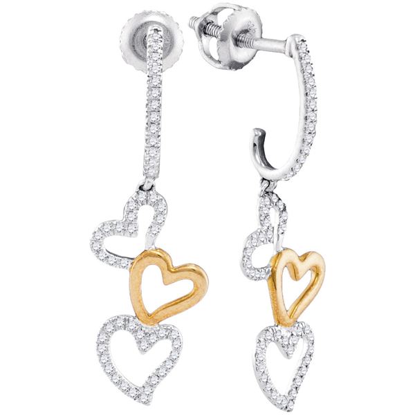 Round Diamond Dangling Triple Heart Earrings 1/4 Cttw 10KT Two-tone Gold