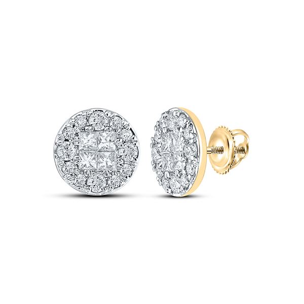Princess Round Diamond Cluster Earrings 1/2 Cttw 14KT Yellow Gold