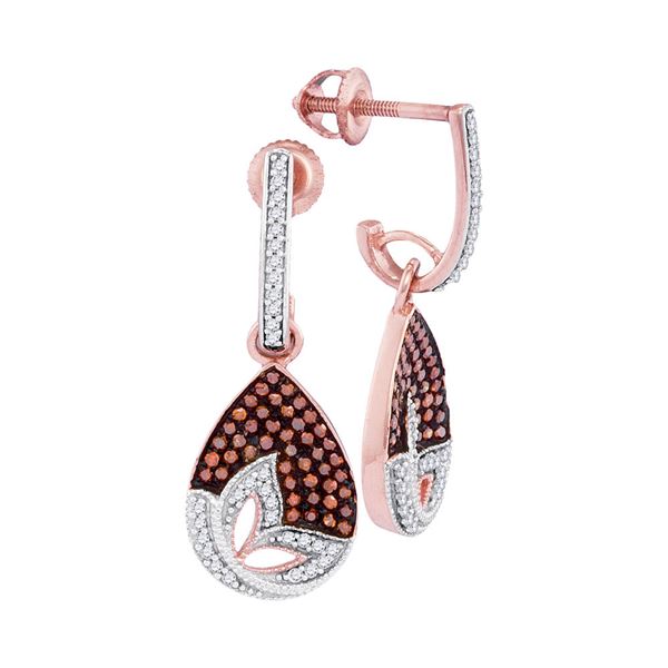Round Red Color Enhanced Diamond Teardrop Dangle Earrings 3/8 Cttw 10KT Rose Gold