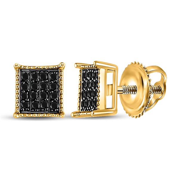 Round Black Color Enhanced Diamond Square Stud Earrings 1/10 Cttw 10KT Yellow Gold
