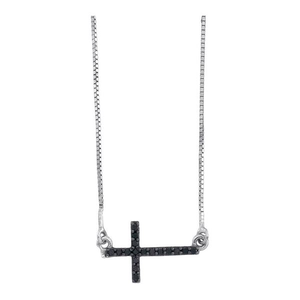 Round Black Color Enhanced Diamond Horizontal Cross Necklace 1/10 Cttw 10KT White Gold