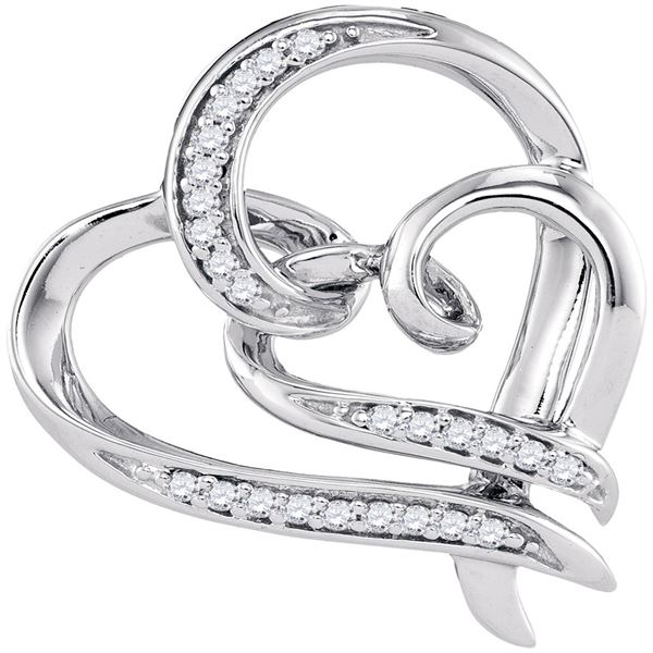 Round Diamond Linked Double Heart Pendant 1/10 Cttw 10KT White Gold