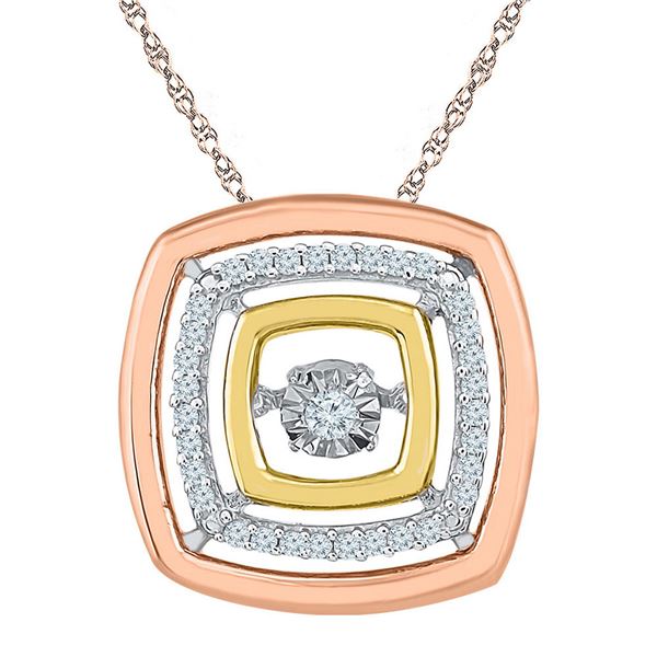 Round Diamond Square Moving Twinkle Pendant 1/8 Cttw 10KT Tri-Tone Gold