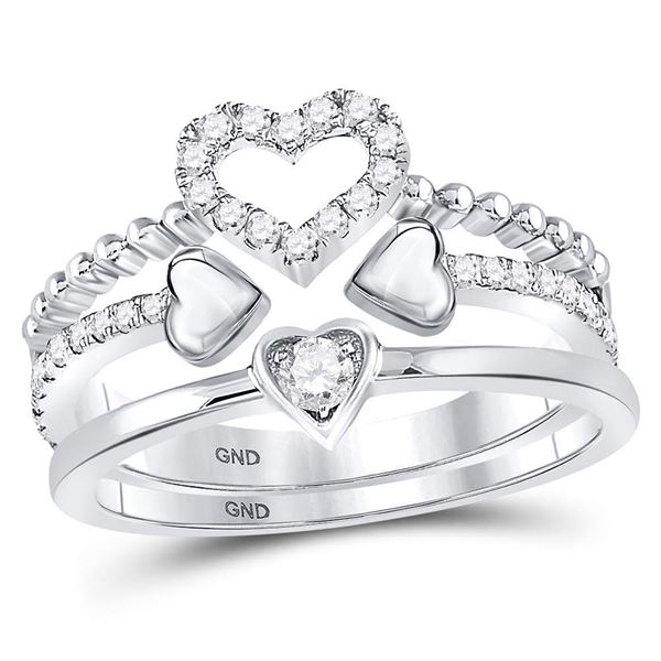 Round Diamond 2-Piece Beaded Heart Band Ring Set 1/3 Cttw 14KT White Gold