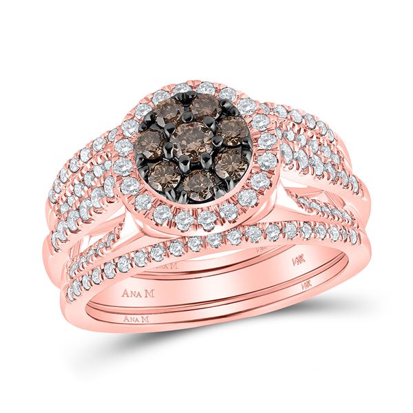 Round Brown Diamond 3-Piece Bridal Wedding Ring Band Set 1 Cttw 14KT Rose Gold