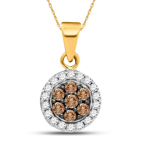 Round Brown Diamond Framed Flower Cluster Pendant 3/8 Cttw 10KT Yellow Gold