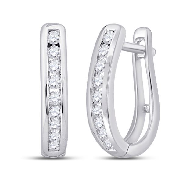 Round Channel-set Diamond Oblong Hoop Earrings 1/4 Cttw 10KT White Gold