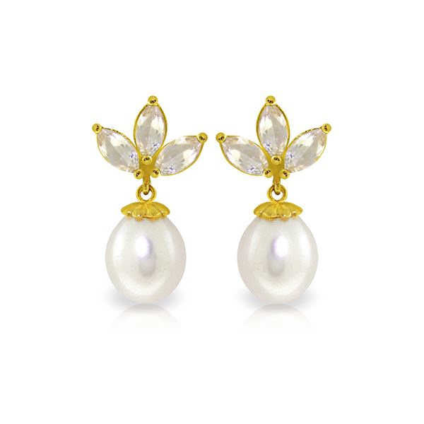 Genuine 9.5 ctw White Topaz & Pearl Earrings 14KT Yellow Gold - REF-31Z2N
